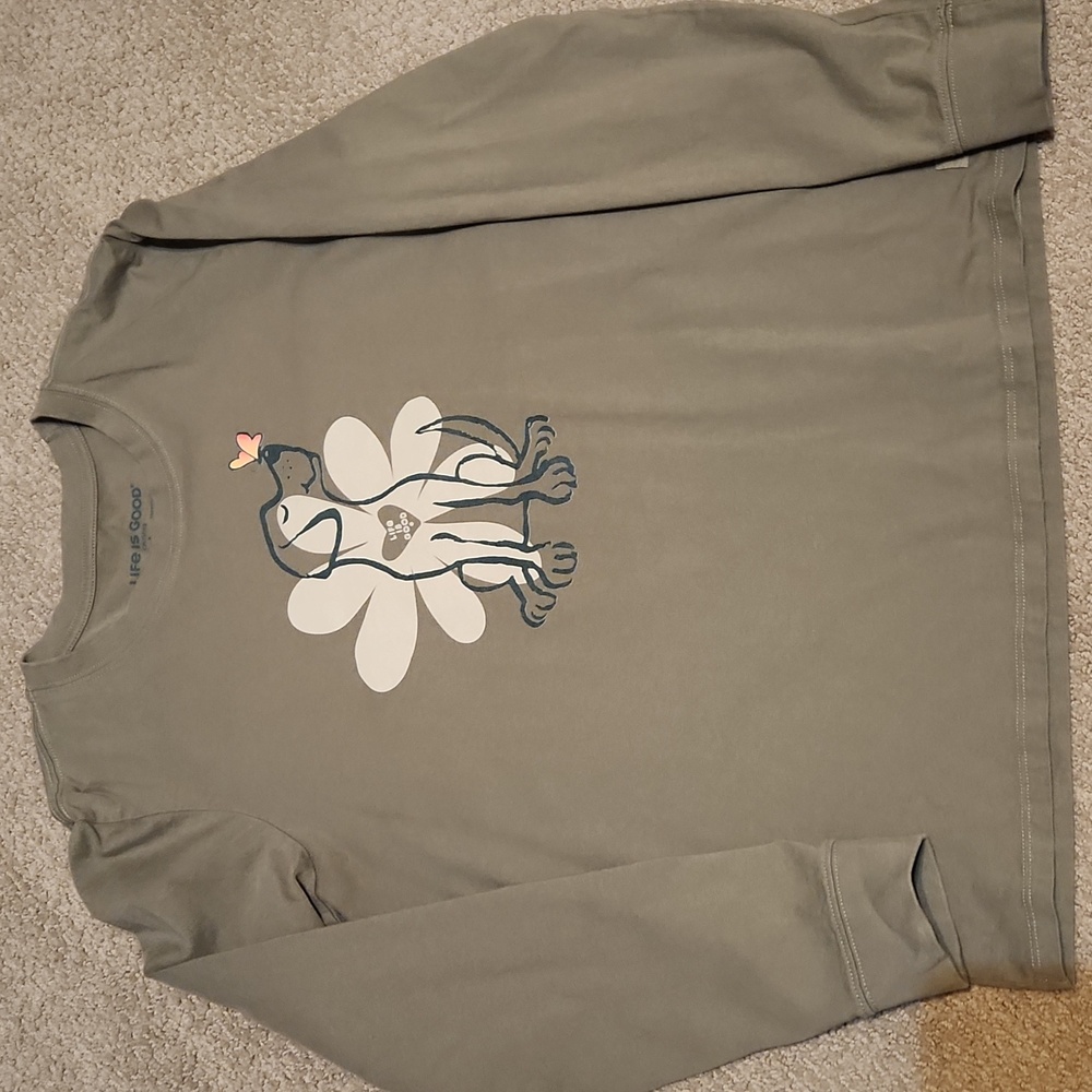 Life Is Good Olive Dog and Butterfly Long Sleeve Crusher Tee, Women's Large